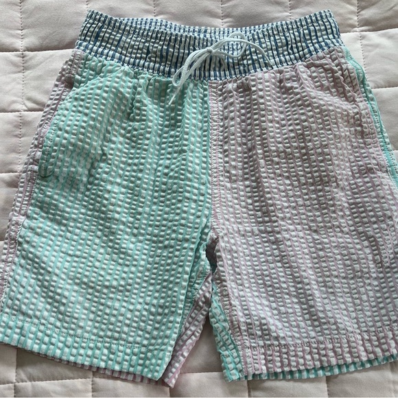 J.Crew Crewcuts Boys’ Seersucker Pink Blue Turquoise Stripes Swim Trunks Size 10 - Picture 6 of 13